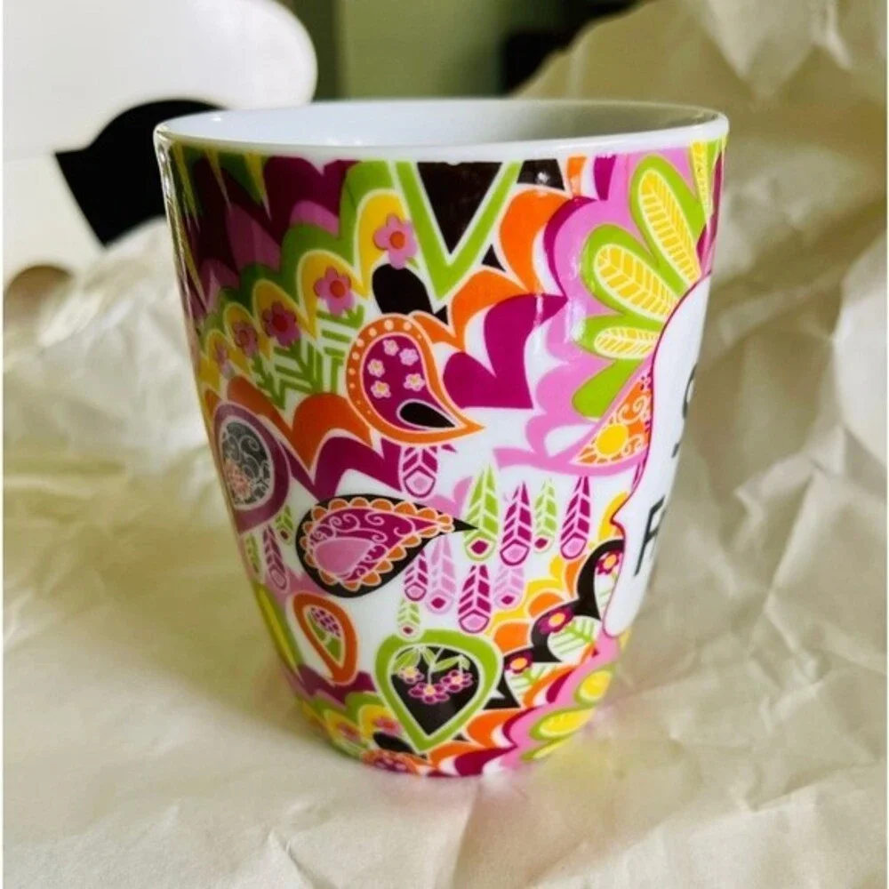 Pier 1 Coffee Mug “Shut the front door” Paisley Green Pink Green Yellow Orange